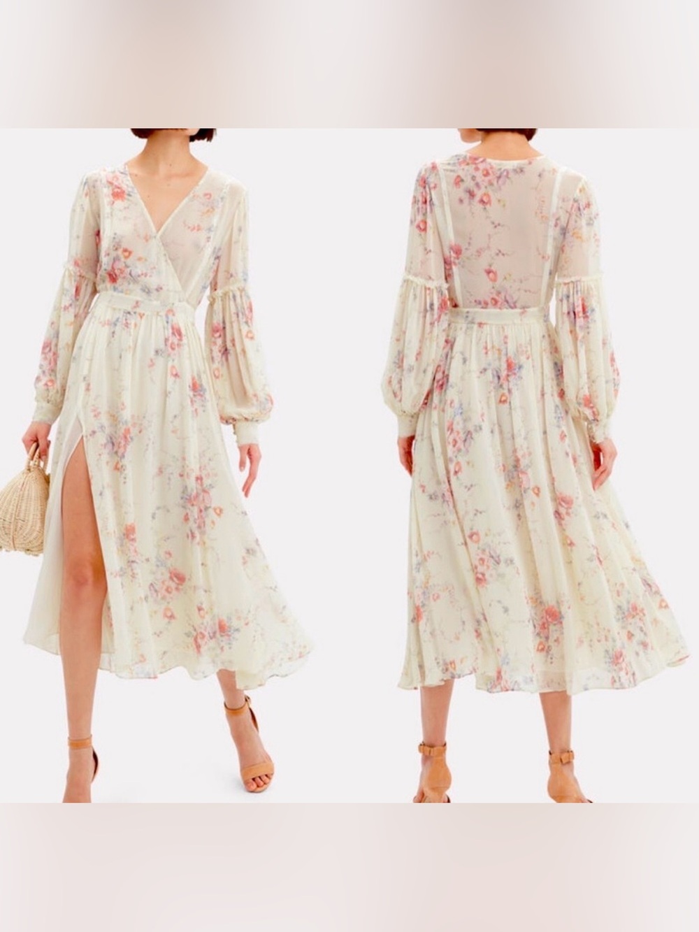 LoveShackFancy Leah 100% Silk Midi Dress Small Ivory Floral Long Sleeve Boho